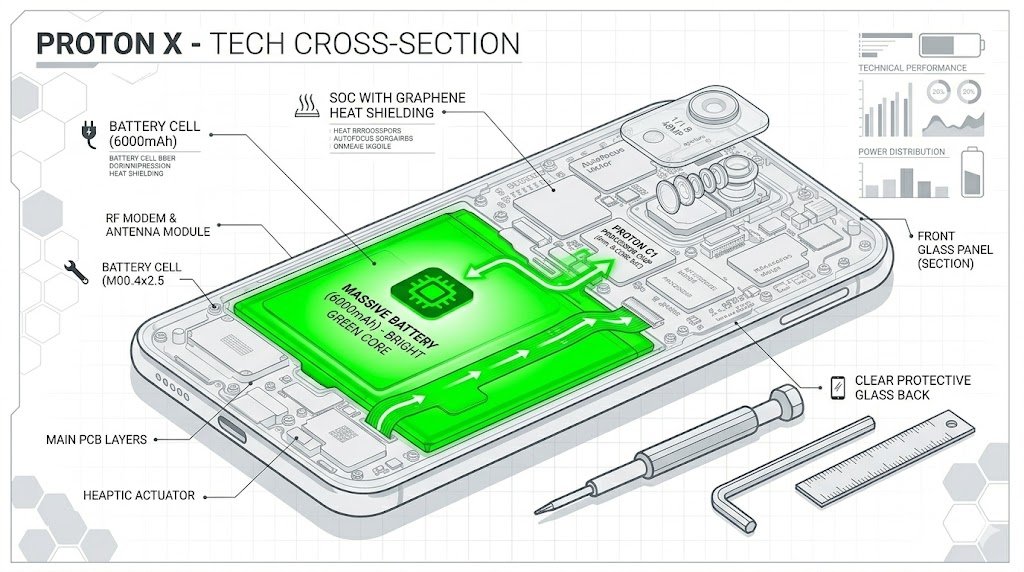 A hardware breakdown blueprint of the internal battery and charging layout of the new phone.