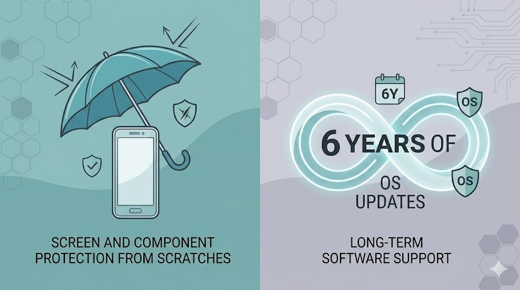 An infographic illustrating the durability and long-term software lifespan features of the phone.