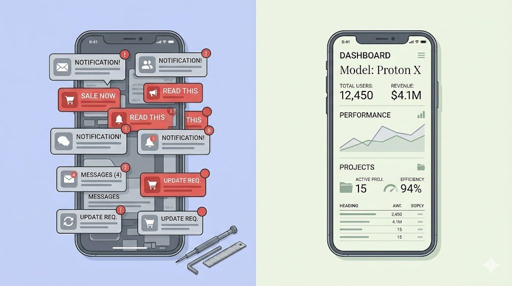 Infographic displaying the interface differences of a clean operating system layout.